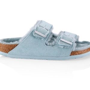 Auth NARROW shearling Birkenstocks in powder blue—Arizona style